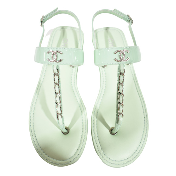 Chanel 22C Green Patent Silver Chain CC Logo Mule Slide Flat Thong Sandal 37 - Picture 1 of 12